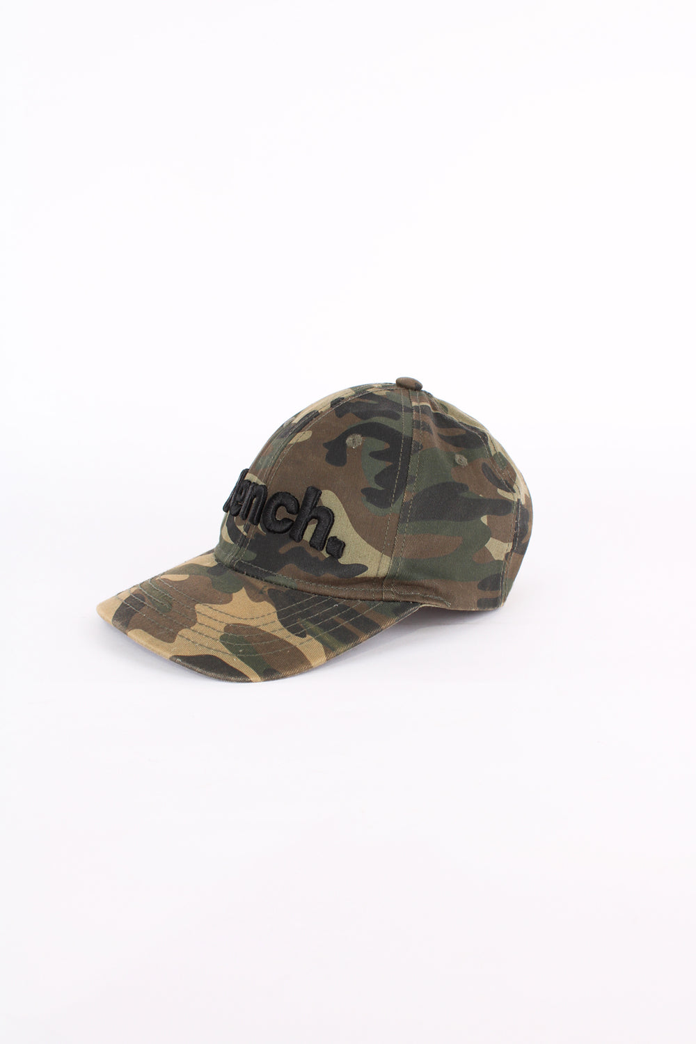 Y2K Bench camouflage baseball cap features embroidered spell-out logo across the front and adjustable velcro strap 