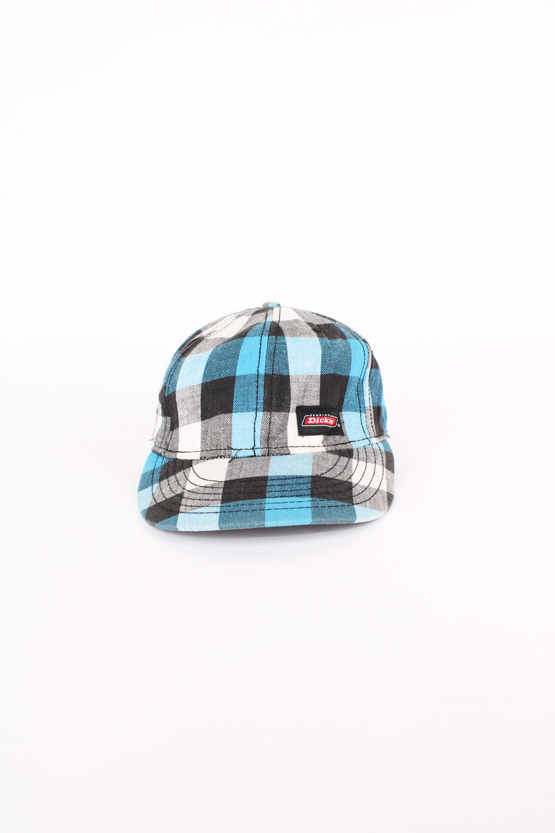 Dickies blue and black plaid baseball cap with embroidered Dickies logo on the front. Has an adjustable strap at the back