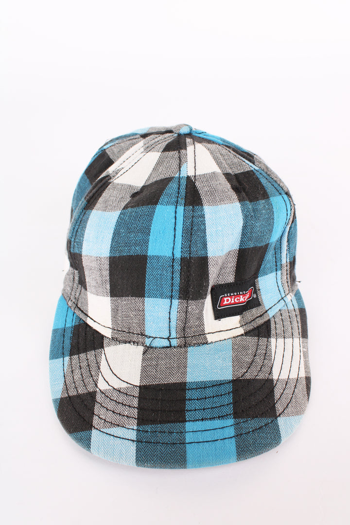 Dickies blue and black plaid baseball cap with embroidered Dickies logo on the front. Has an adjustable strap at the back