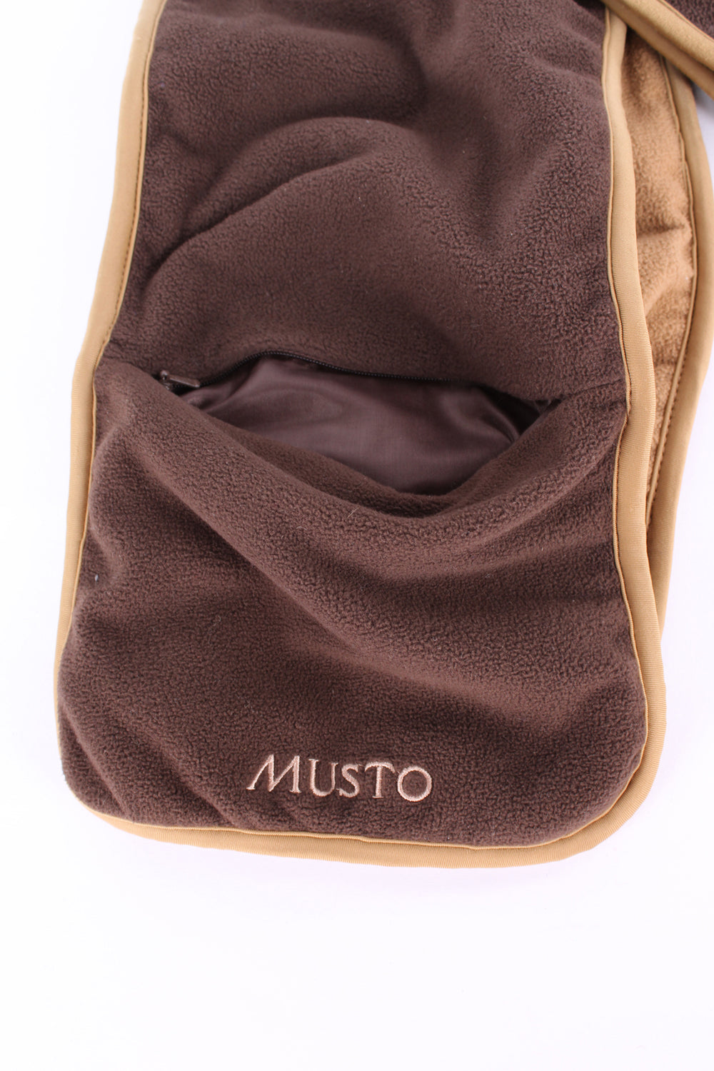 Musto brown and tan reversible fleece scarf, features embroidered logos and zip up pocket