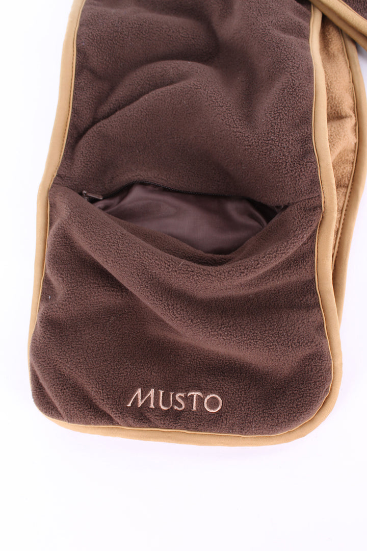 Musto brown and tan reversible fleece scarf, features embroidered logos and zip up pocket