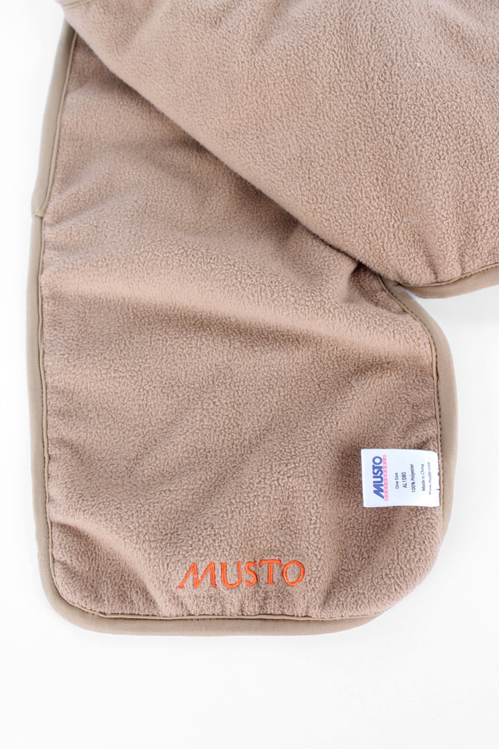 Musto brown and tan reversible fleece scarf, features embroidered logos and zip up pocket