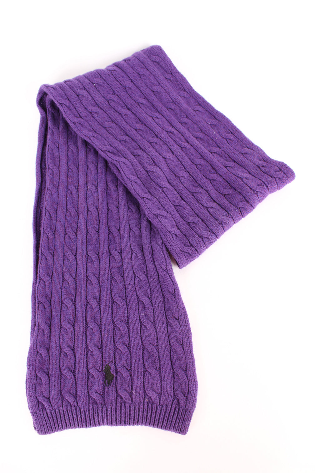 Ralph Lauren purple cable knit scarf, features black embroidered logo on the hem