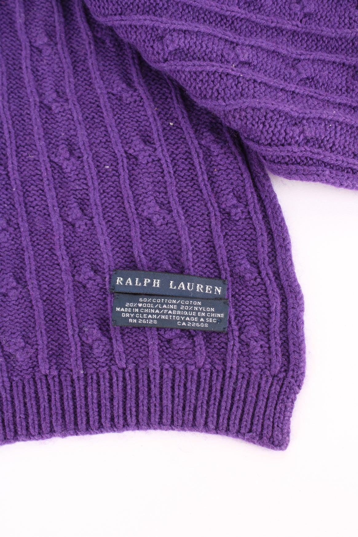 Ralph Lauren purple cable knit scarf, features black embroidered logo on the hem