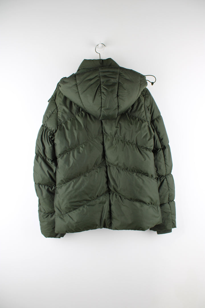 Vintage Nike puffer jacket in green, insulated, detachable hood, zip and button up, has logo printed on the front.