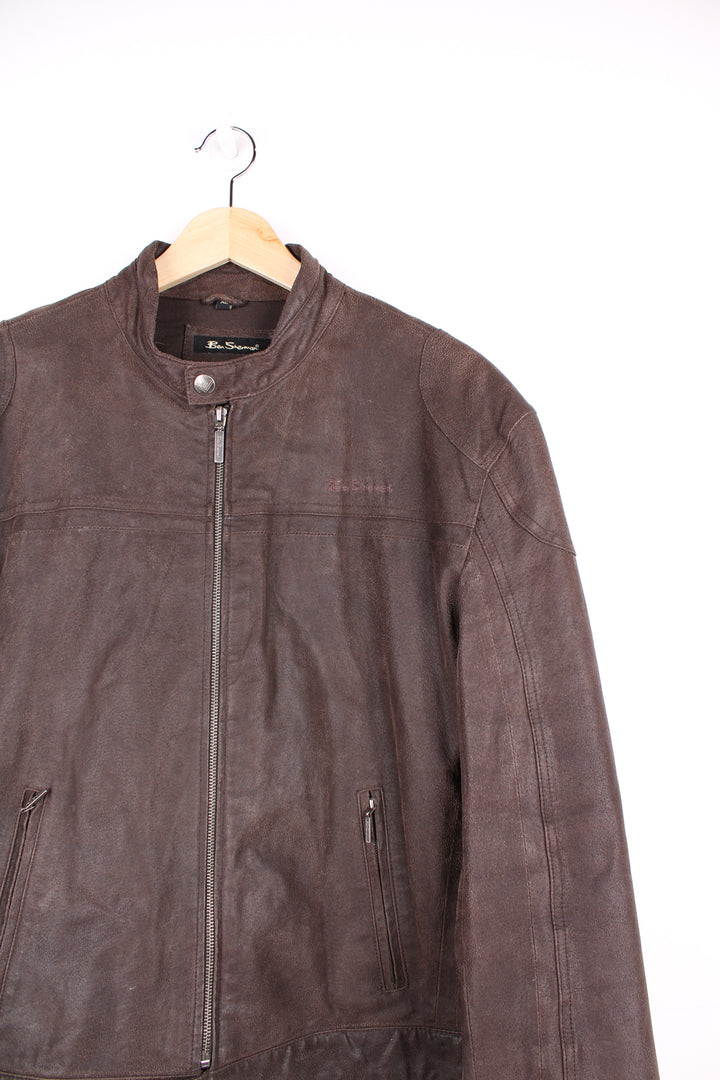 Ben Sherman brown leather zip through motorcycle style jacket, features zip up pockets and embroidered logo on the chest