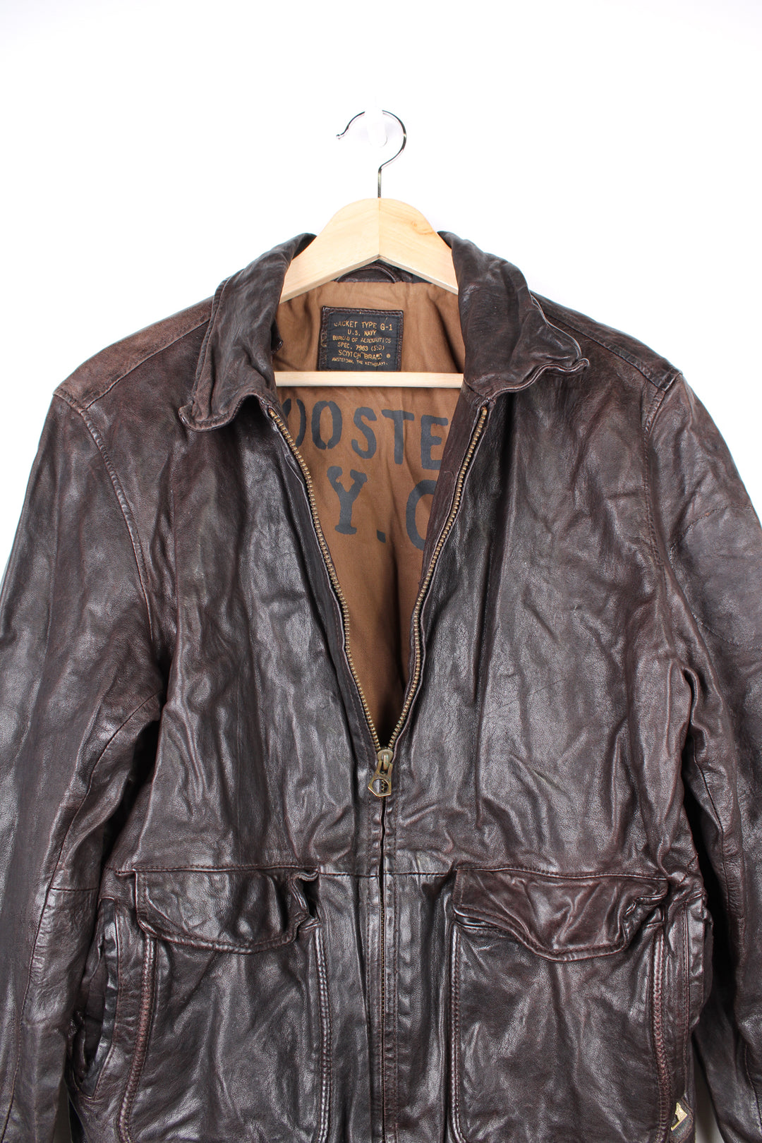 Vintage Scotch and Soda brown leather replica jacket U.S Navy jacket type G-1, features 