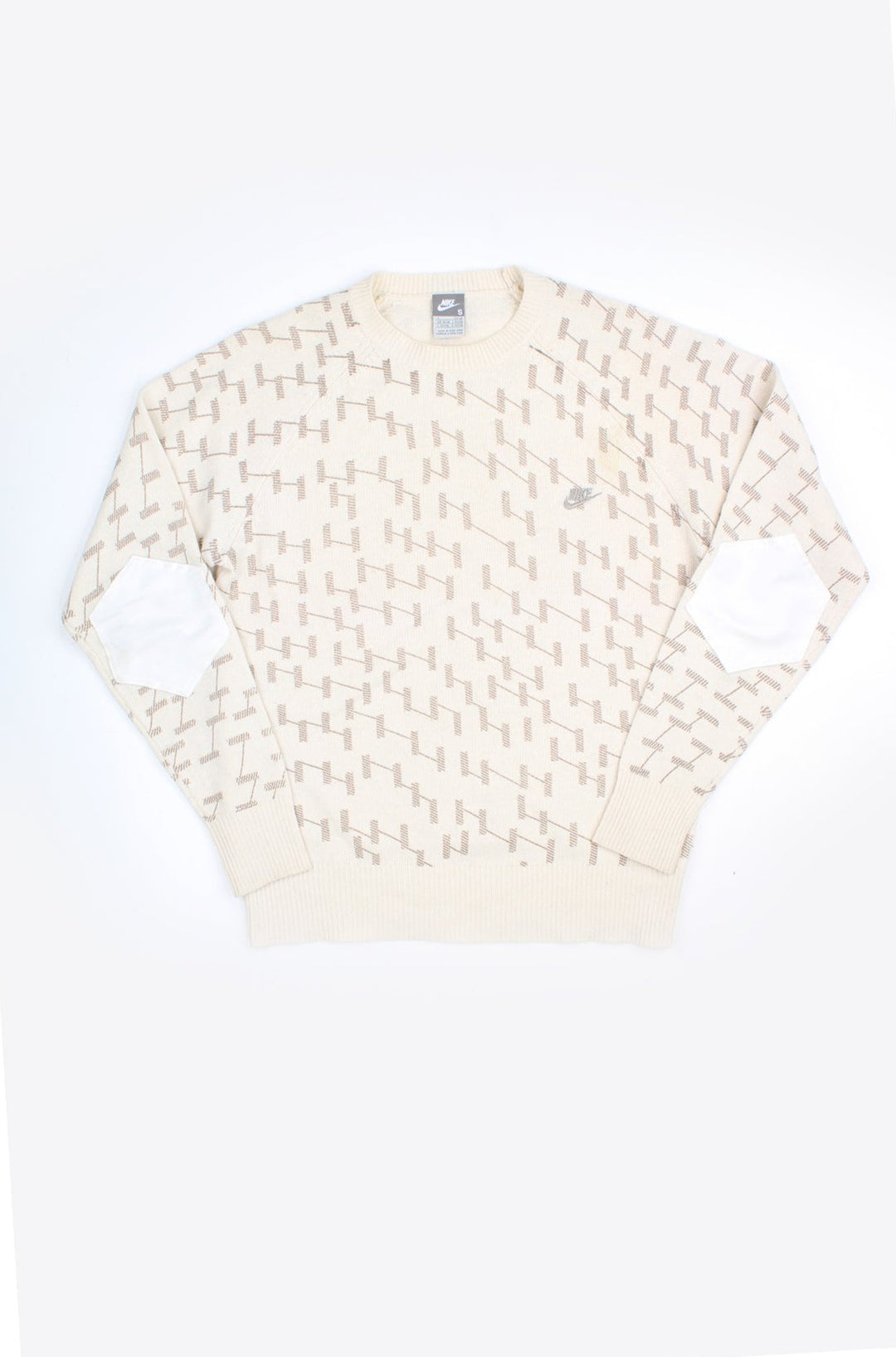 Y2K Nike cream with brown weave crew neck wool jumper, features embroidered swoosh logo on the chest and white elbow pads