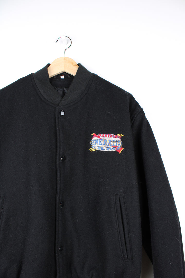 Vintage 1990's Jim Davidson's Generation Game merchandise black button up wool bomber jacket, features embroidered badge on the chest 