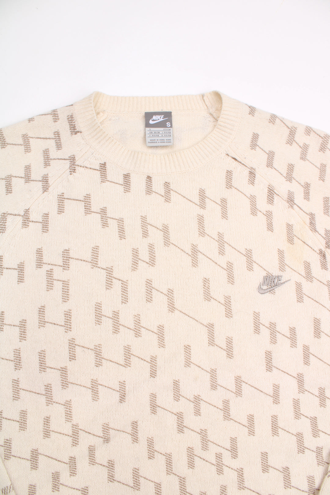 Y2K Nike cream with brown weave crew neck wool jumper, features embroidered swoosh logo on the chest and white elbow pads