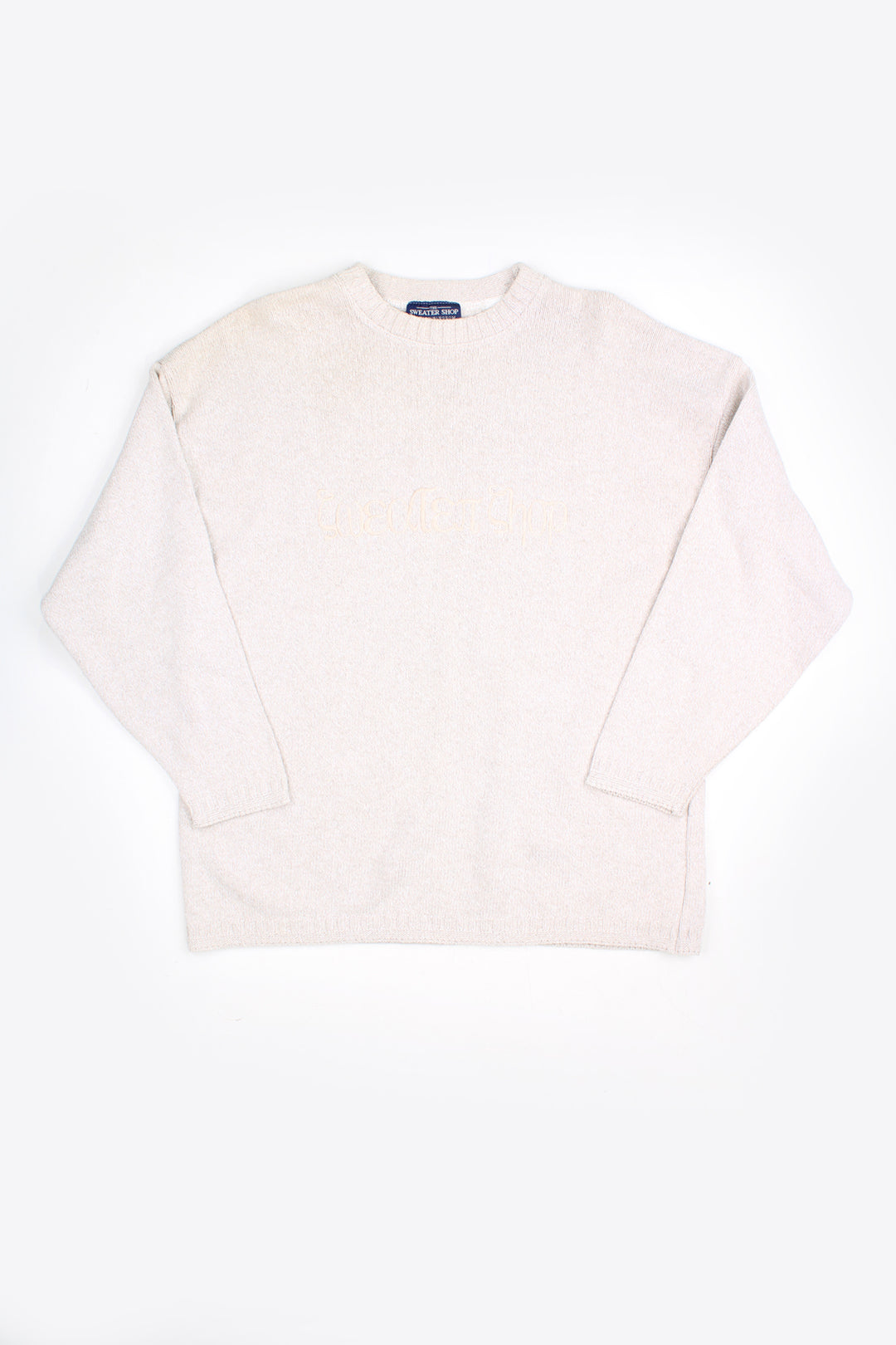 Vintage The Sweater Shop cream/biscuit coloured knitted jumper, features embroidered spell-out logo across the chest 