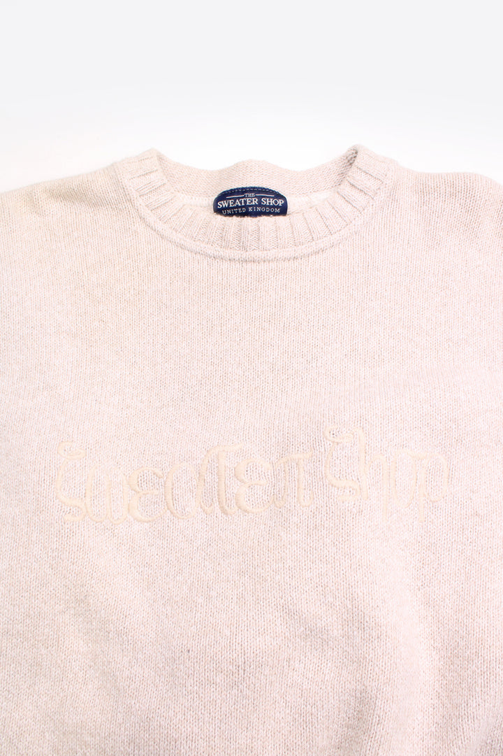 Vintage The Sweater Shop cream/biscuit coloured knitted jumper, features embroidered spell-out logo across the chest 