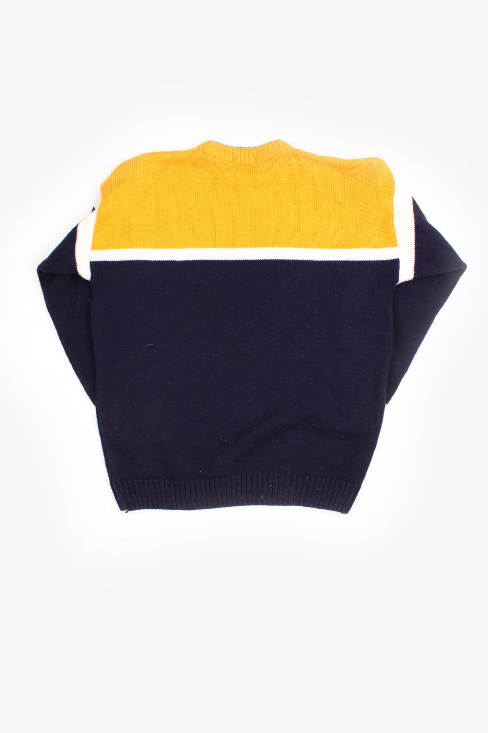 Vintage navy blue and yellow Fila knit jumper with high neck and embroidered logo on the chest 