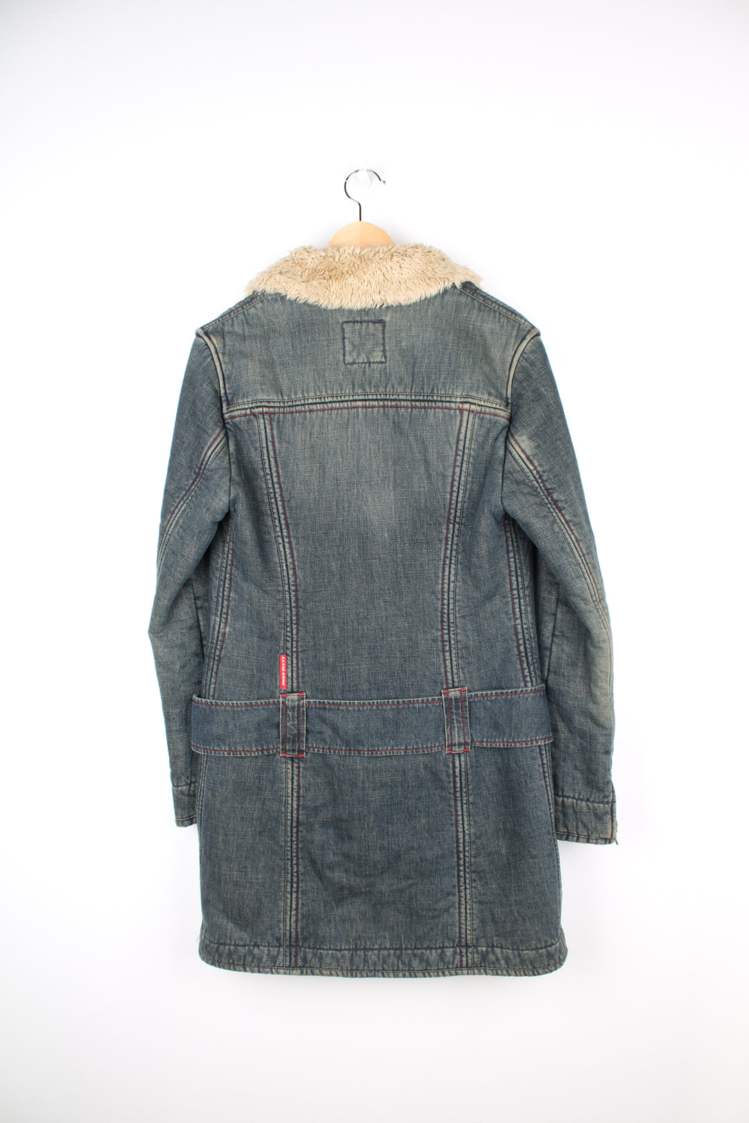 00's Miss Sixty 3/4 length washed out denim coat, features faux fur trim, chunky belt and side slit pockets