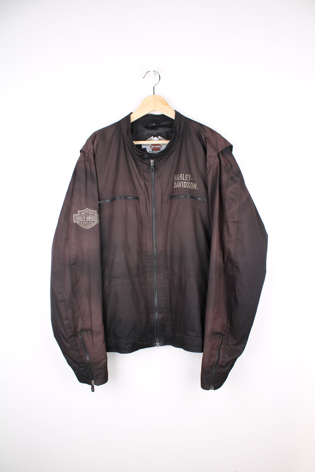 Harley Davidson brown lightweight racer jacket with embroidered logo on the front and skull motif on the back