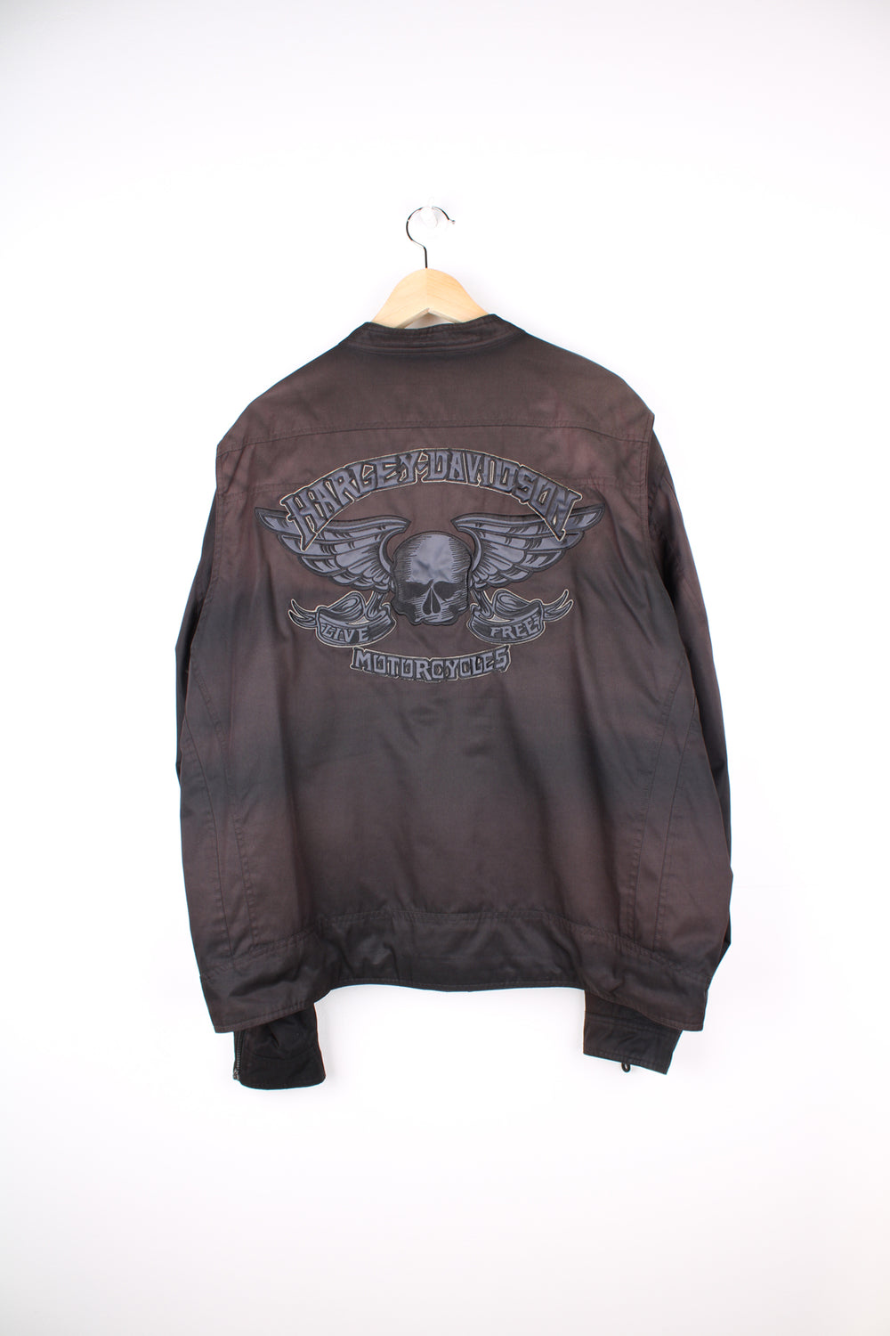 Harley Davidson brown lightweight racer jacket with embroidered logo on the front and skull motif on the back