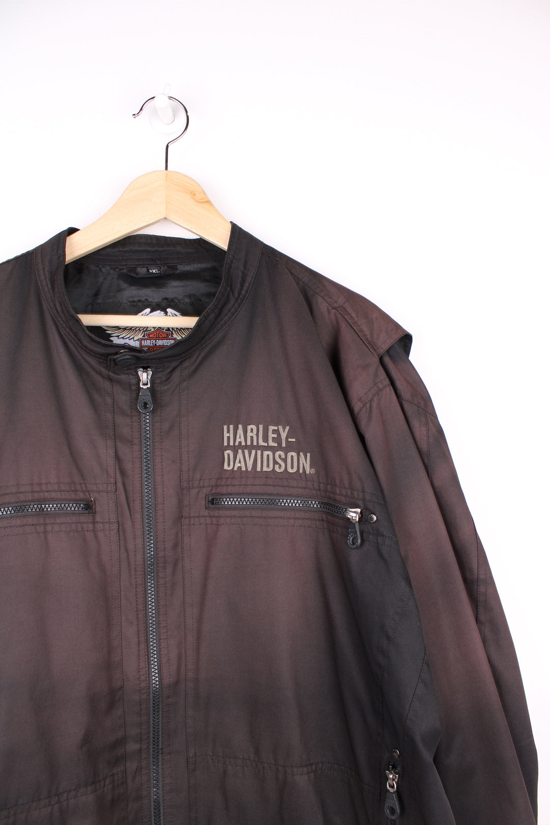 Harley Davidson brown lightweight racer jacket with embroidered logo on the front and skull motif on the back