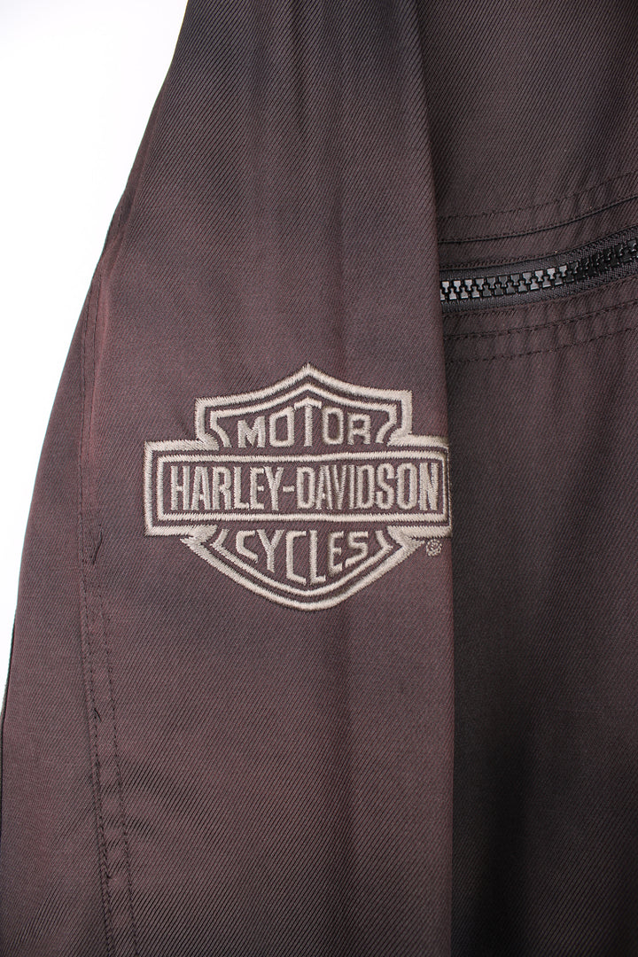 Harley Davidson brown lightweight racer jacket with embroidered logo on the front and skull motif on the back