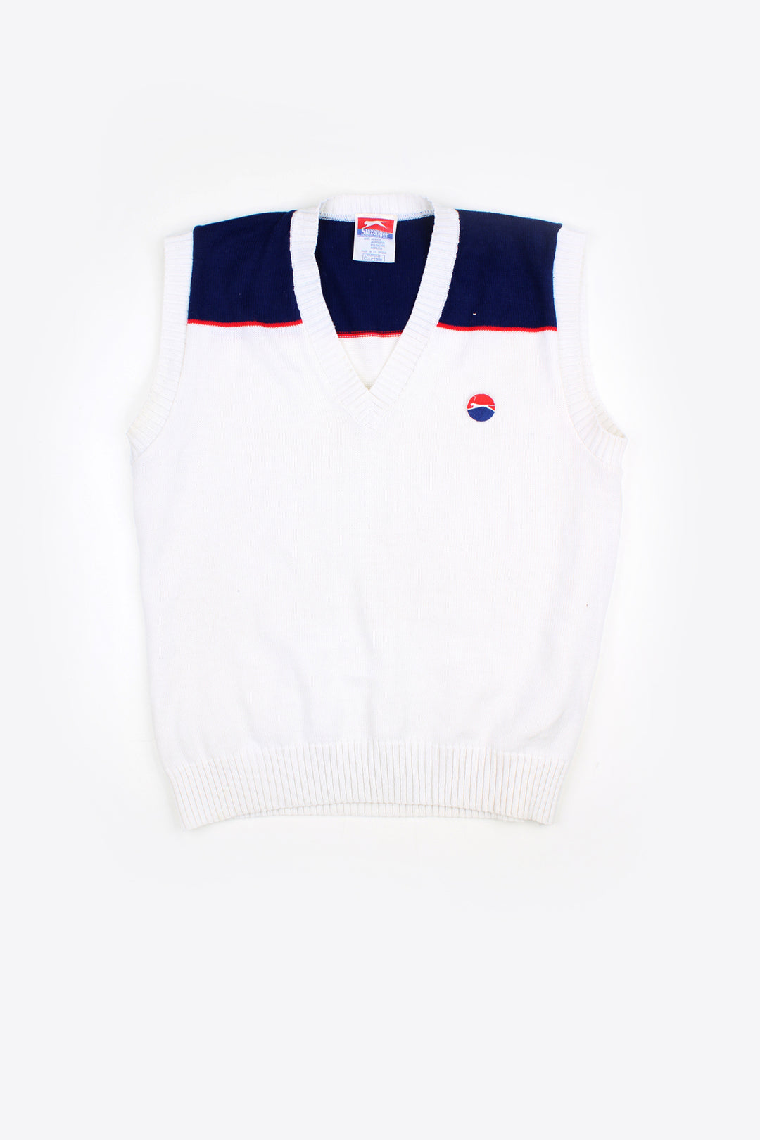 Vintage made in Britain Slazenger white knit vest, features embroidered logo on the chest 