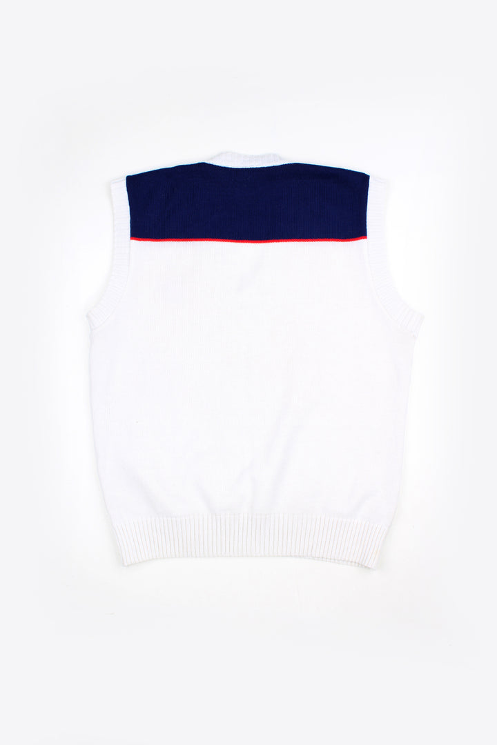 Vintage made in Britain Slazenger white knit vest, features embroidered logo on the chest 