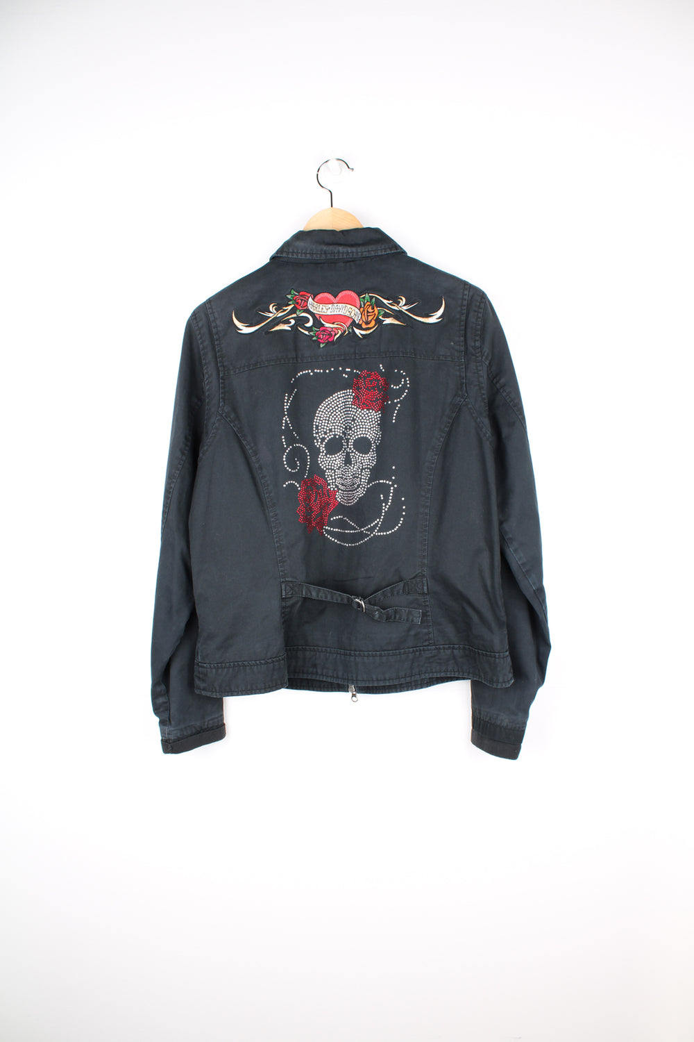 Harley Davidson all black cotton jacket with embroidered spell-out logo on the chest and embroidered, bedazzled motif on the back