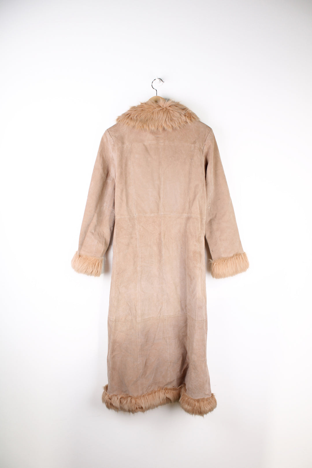 Y2K style tan suede floor length Afghan coat, features hook and eye closures and faux fur trim