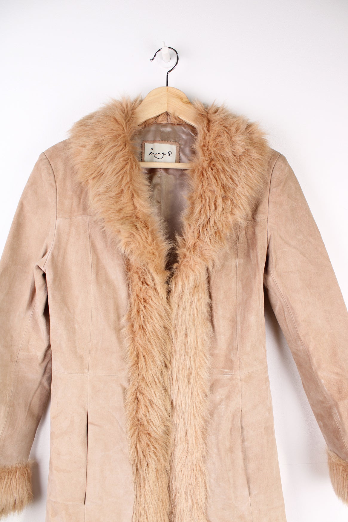 Y2K style tan suede floor length Afghan coat, features hook and eye closures and faux fur trim