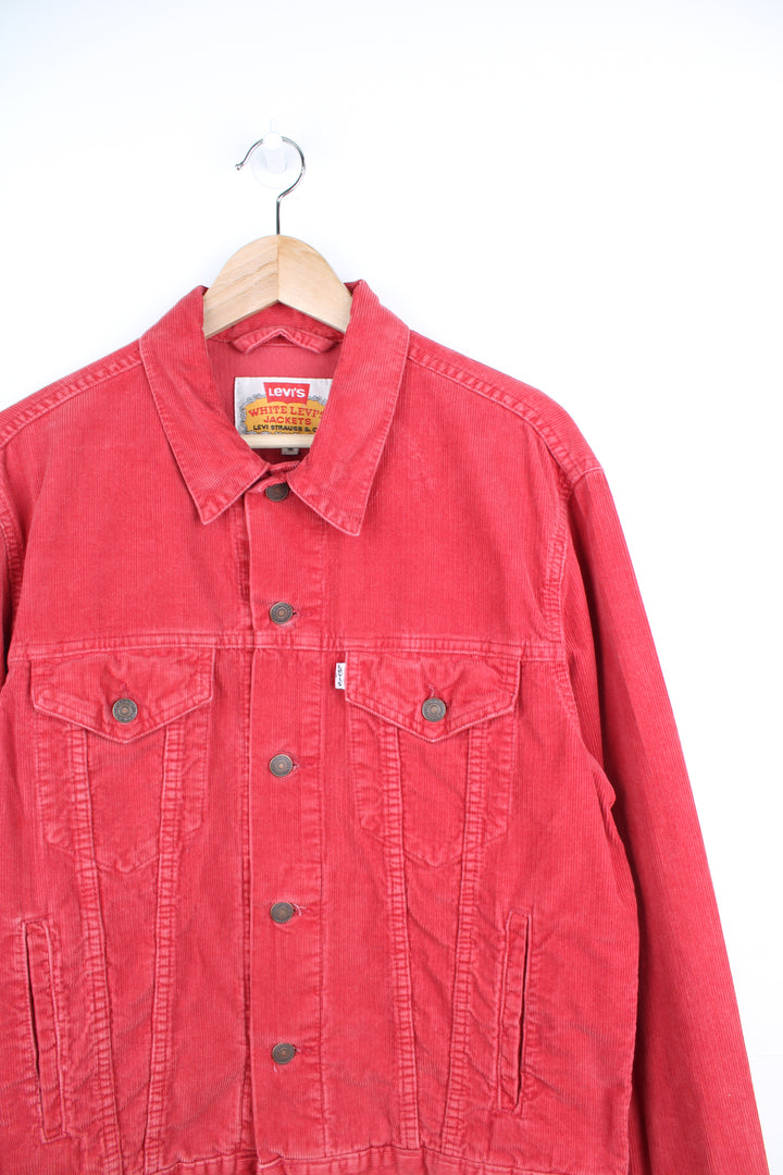 Vintage 1990's Levi Strauss red corduroy trucker jacket, features double pockets and white branded tab 