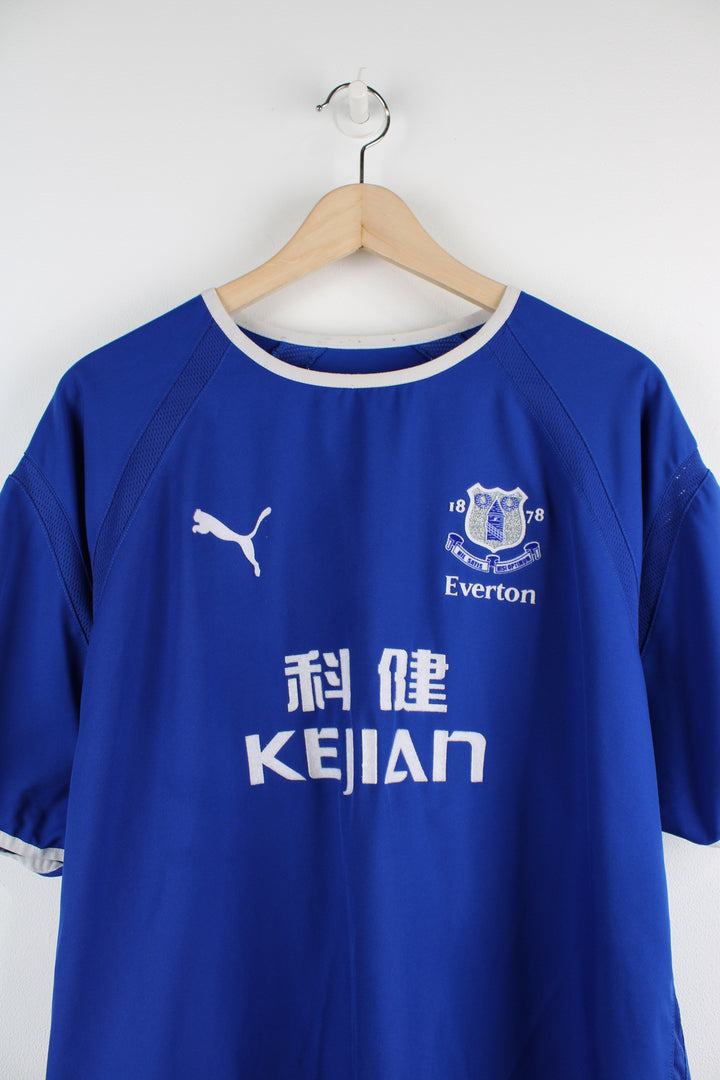 Everton 2003/04, Puma home football shirt, blue and white colourway,125 years anniversary shirt, with printed logos on the front.