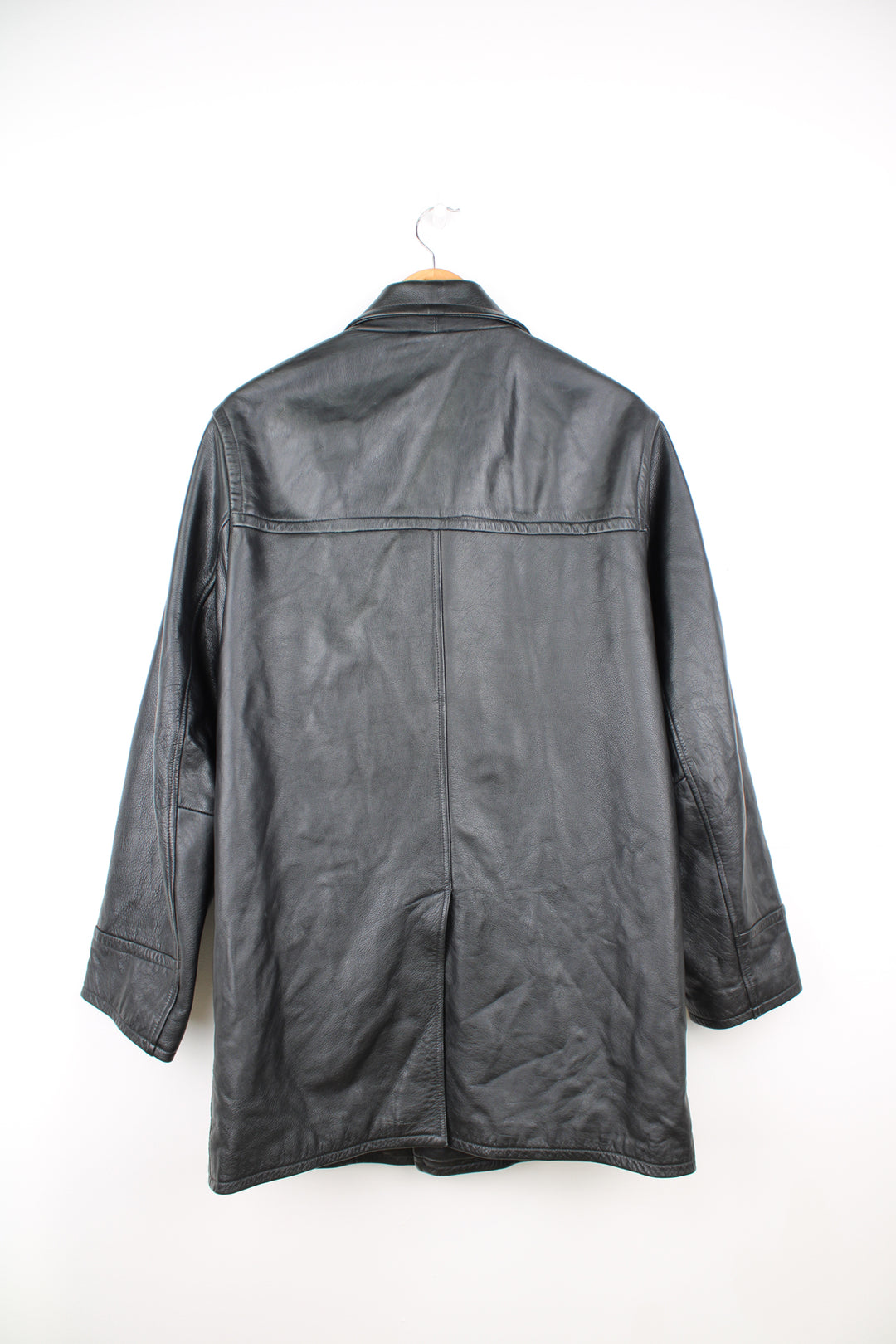 Vintage 90's Kickers black leather 3/4 length coat, features pockets and metal branded tab on the chest