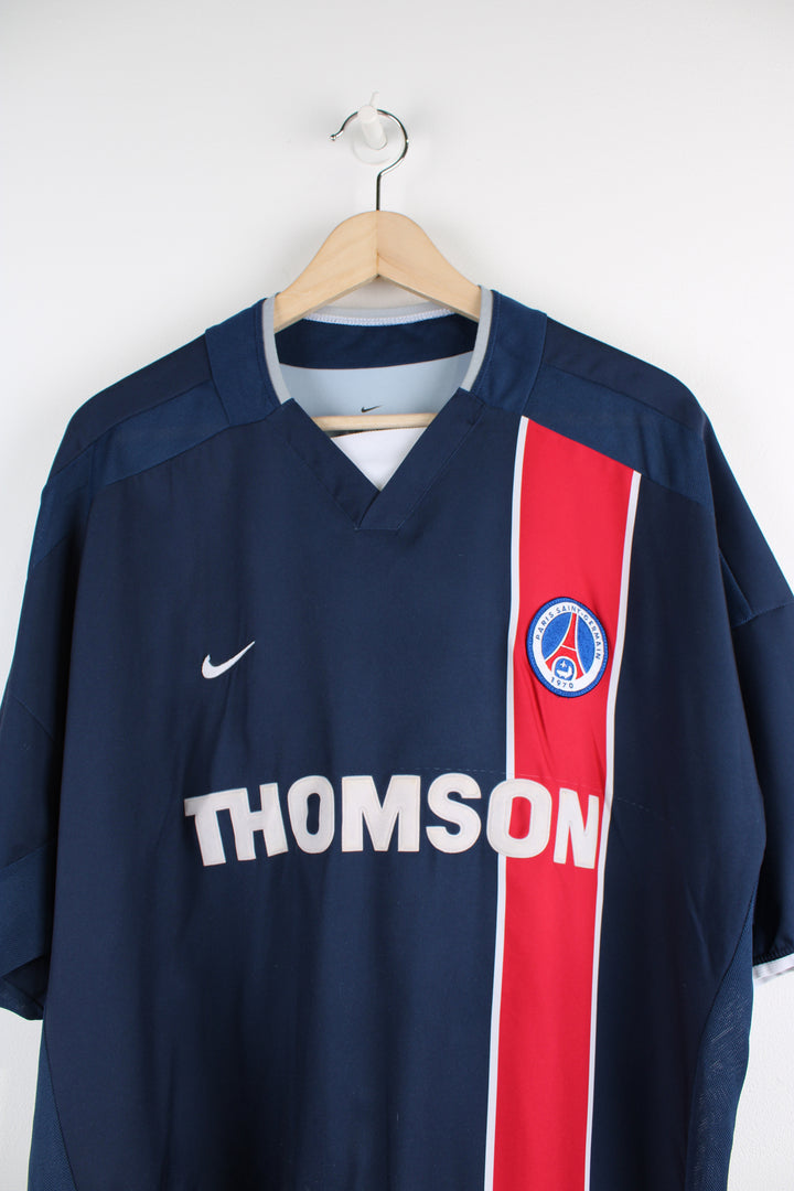 Vintage Paris Saint Germain 2002/03, Nike Home Football Shirt, blue, red and white team colourway, and has logos embroidered on the front.