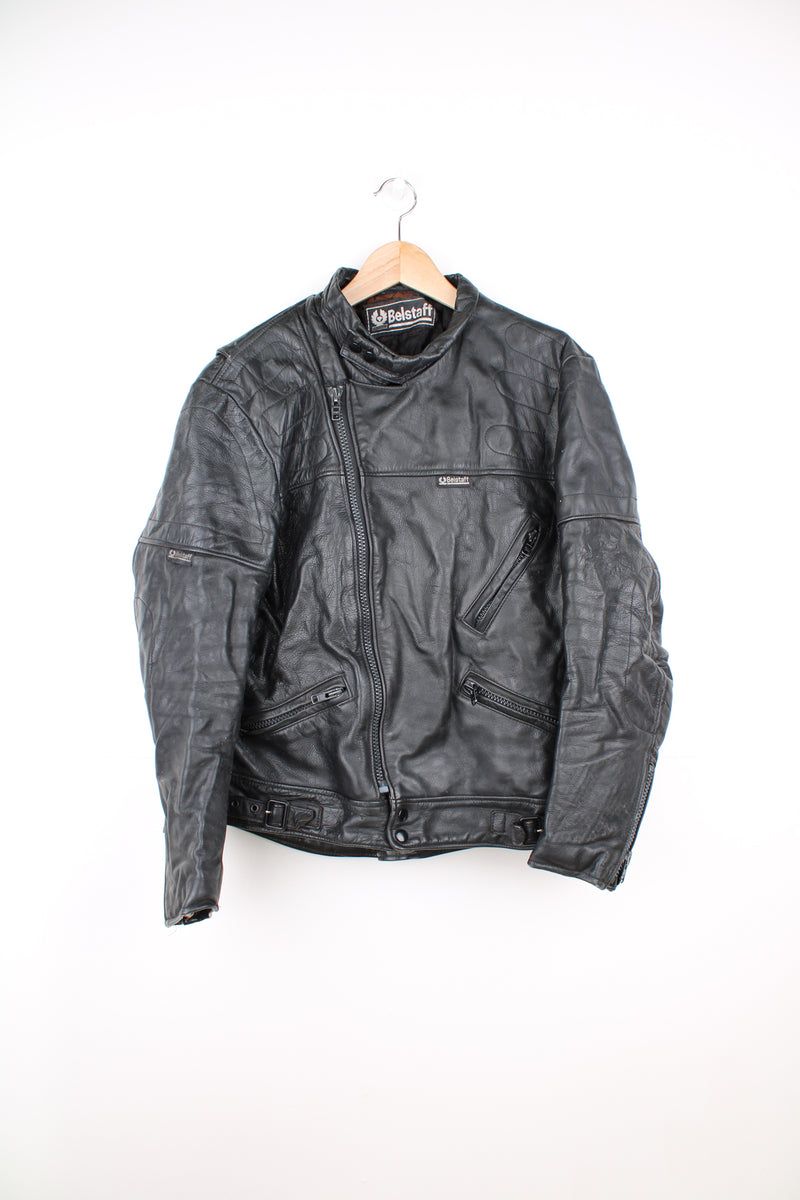 Vintage Belstaff Cafe Racer style black leather biker jacket, with multiple pockets and adjustable waistband buckles 