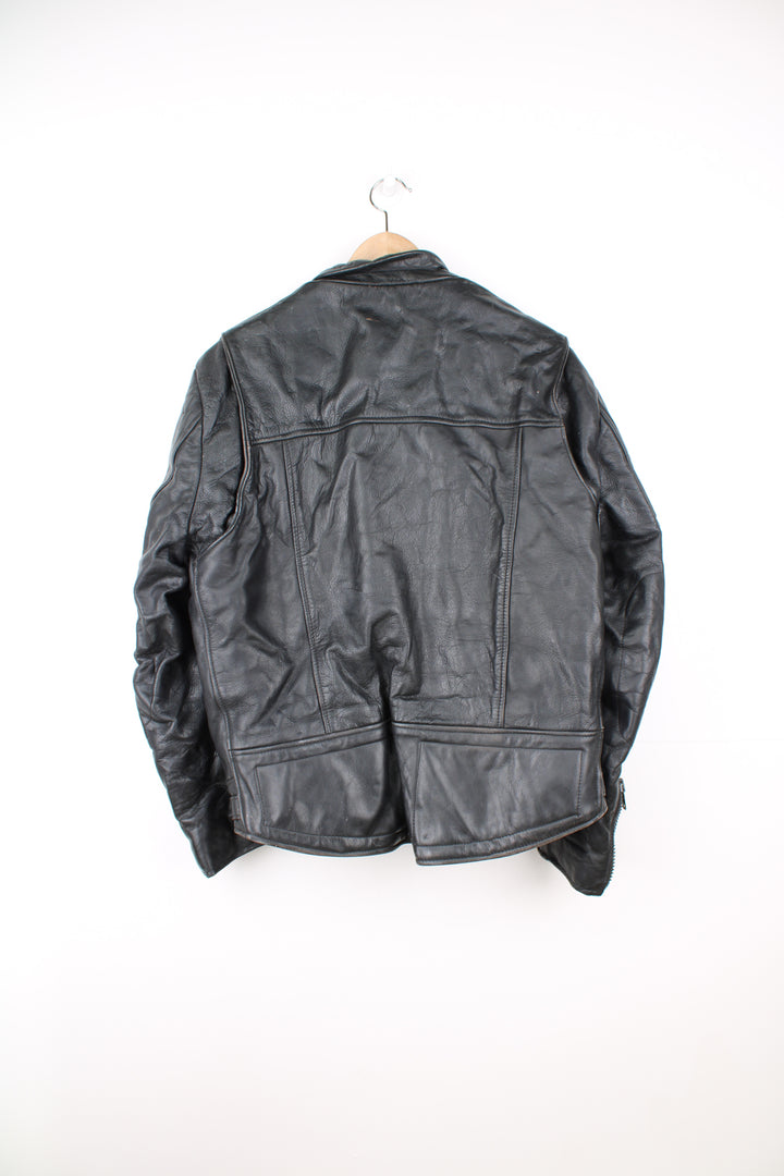 Vintage Belstaff Cafe Racer style black leather biker jacket, with multiple pockets and adjustable waistband buckles 