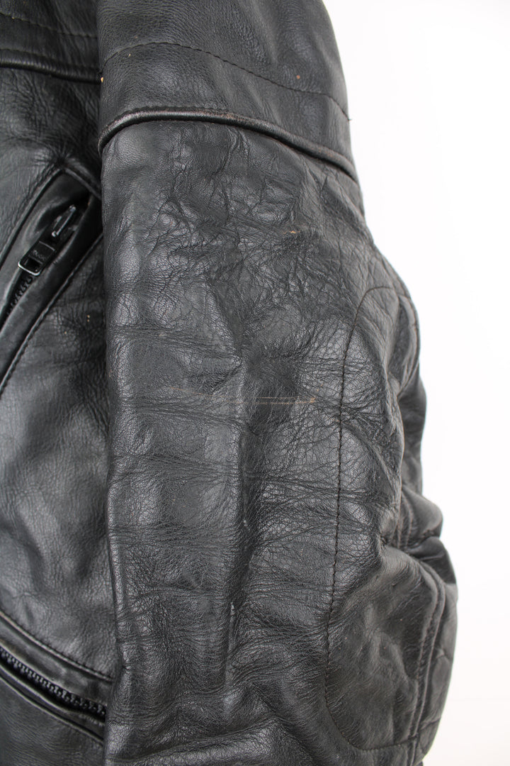 Vintage Belstaff Cafe Racer style black leather biker jacket, with multiple pockets and adjustable waistband buckles 