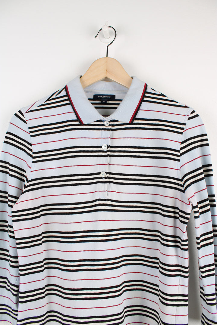 Vintage Burberry women's striped polo shirt features embroidered logo on the chest and 3/4 length sleeves