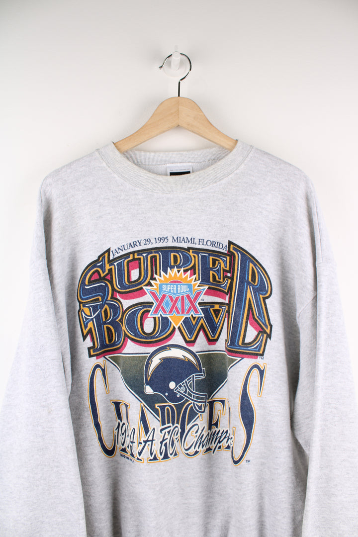 Vintage 1995 Super Bowl AFC Champions x LA Chargers grey crewneck sweatshirt with printed graphic on the front by Tultex 