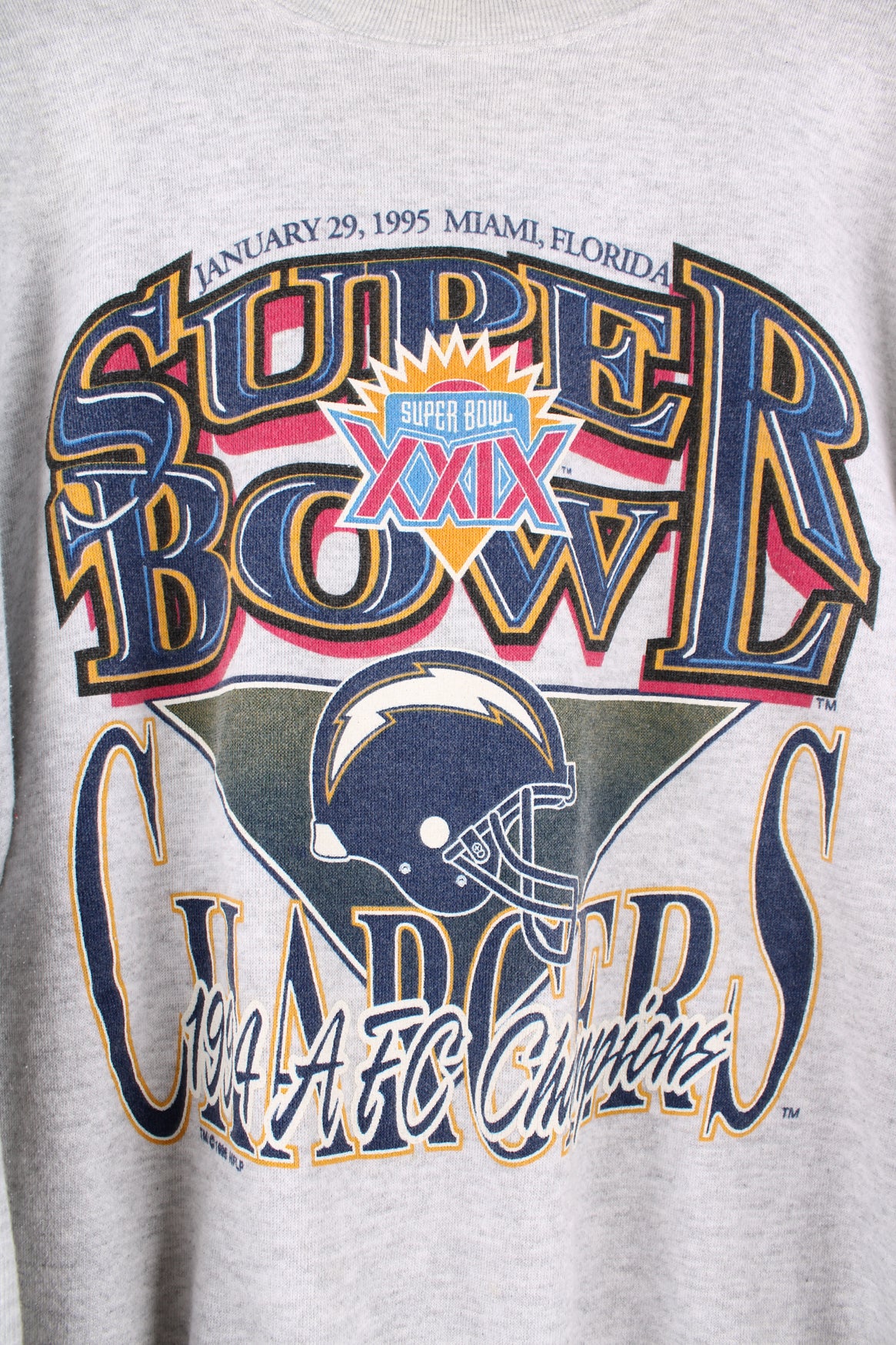 Vintage 1995 Super Bowl AFC Champions x LA Chargers grey crewneck sweatshirt with printed graphic on the front by Tultex 