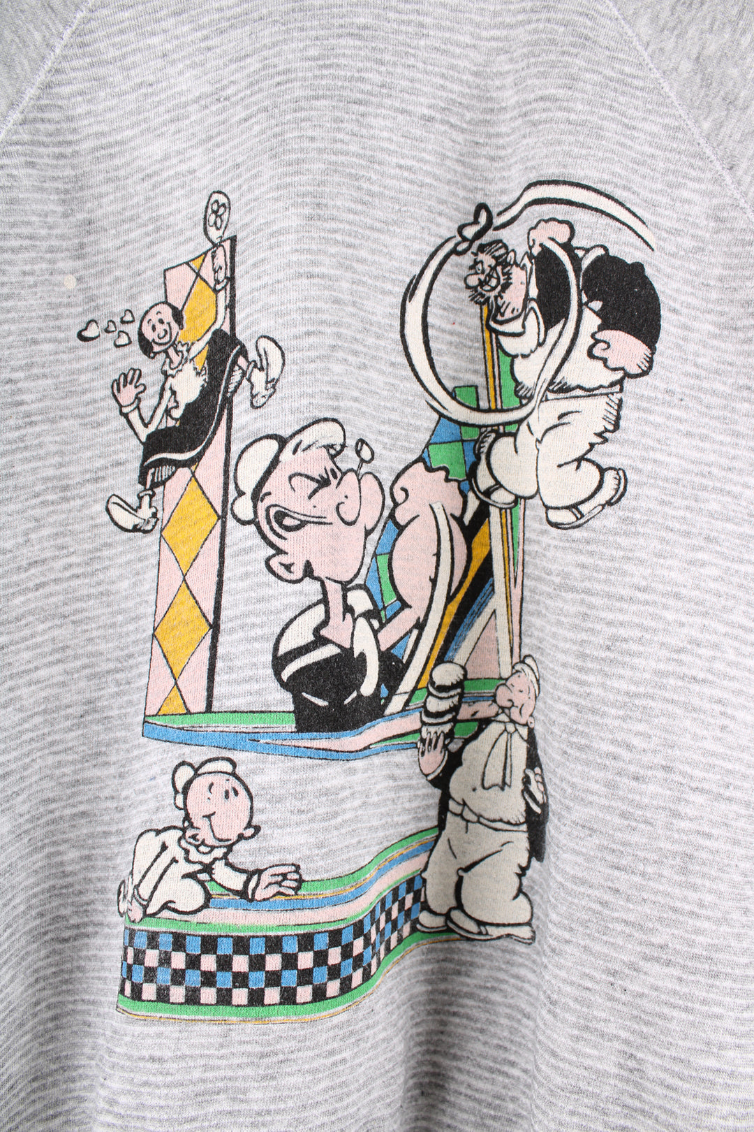 Vintage Popeye grey crewneck sweatshirt, features printed Popeye and friends graphic on the front, unbranded no labels. 