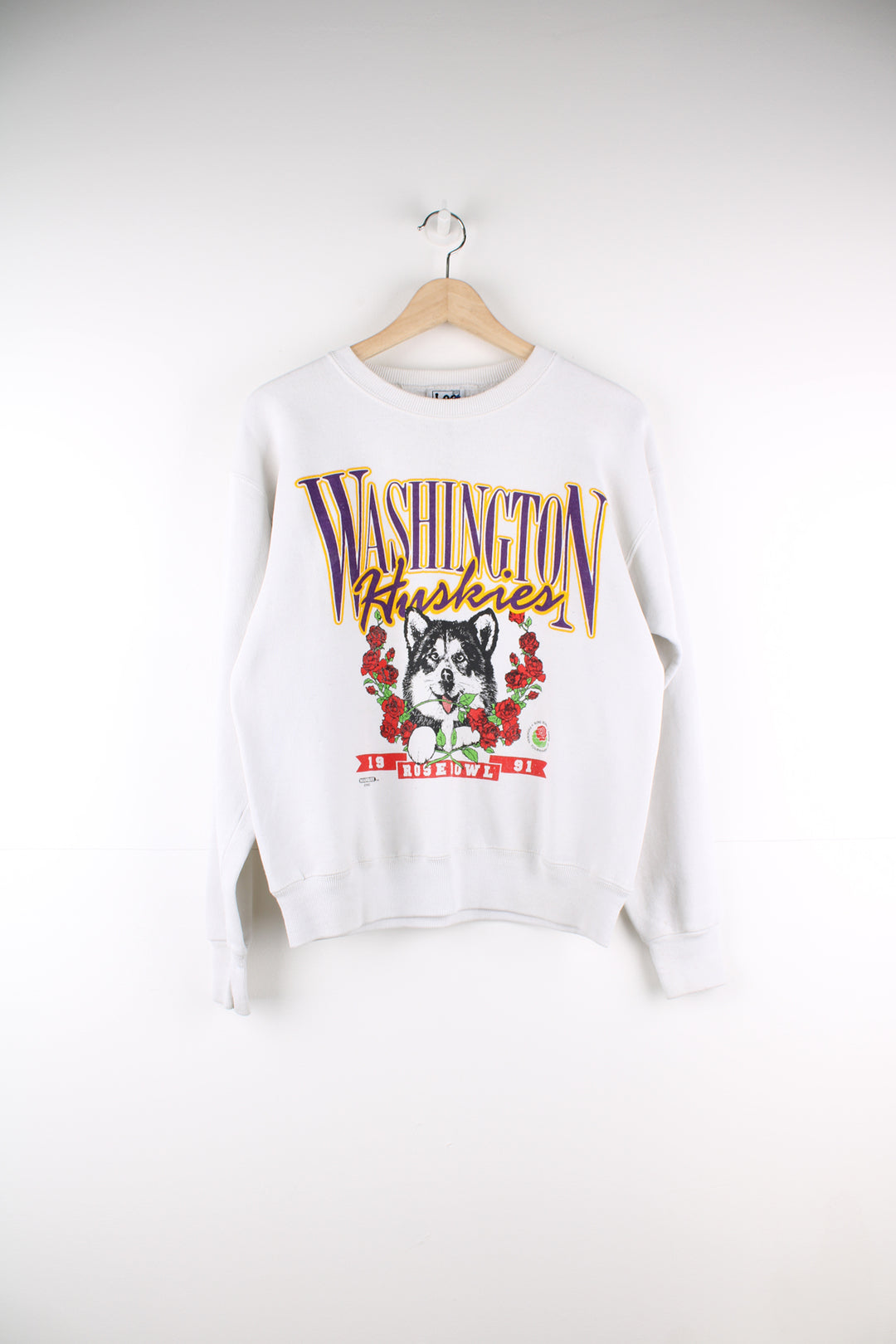 Vintage 1991 Washington Huskies Rose Bowl sweatshirt by Lee, features printed graphic on the front