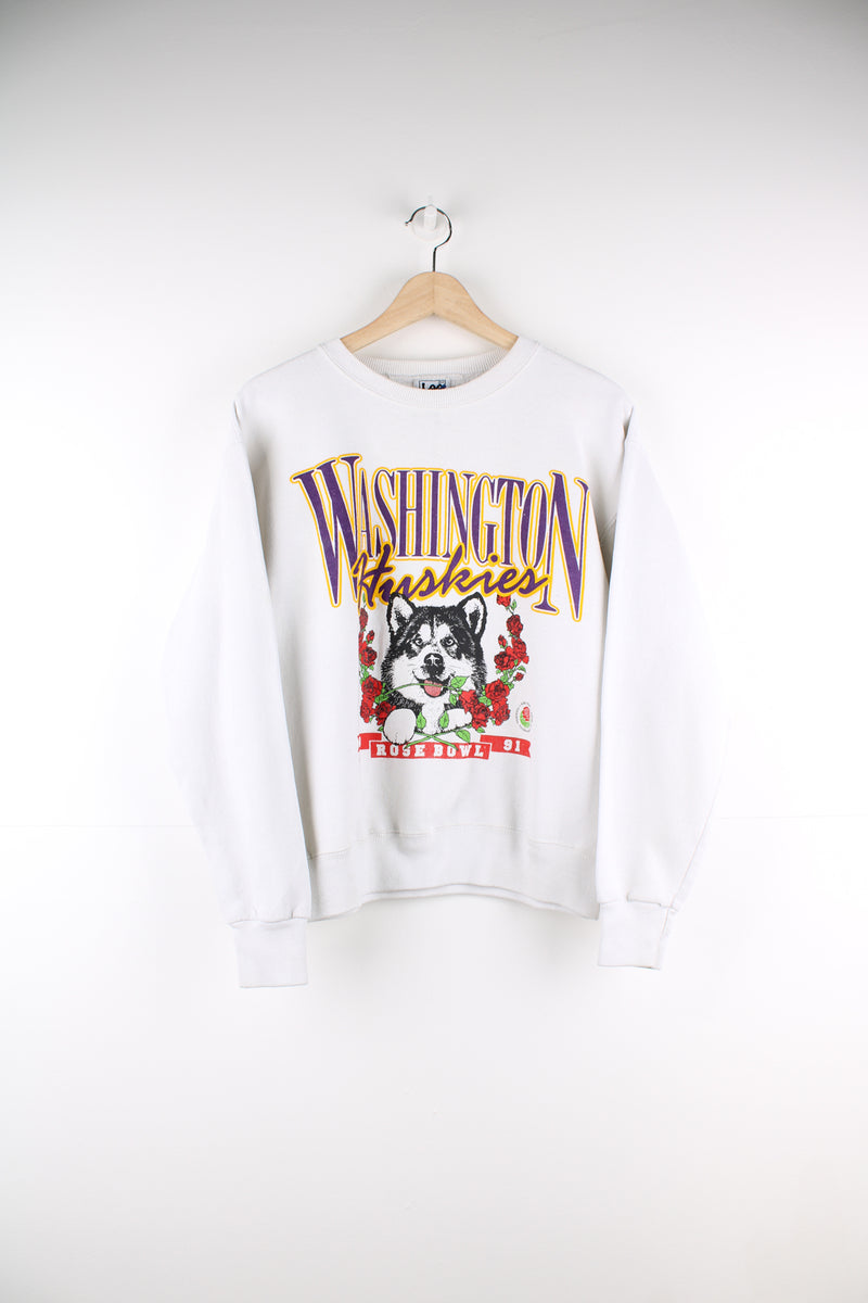 Vintage 1991 Washington Huskies Rose Bowl sweatshirt by Lee, features printed graphic on the front