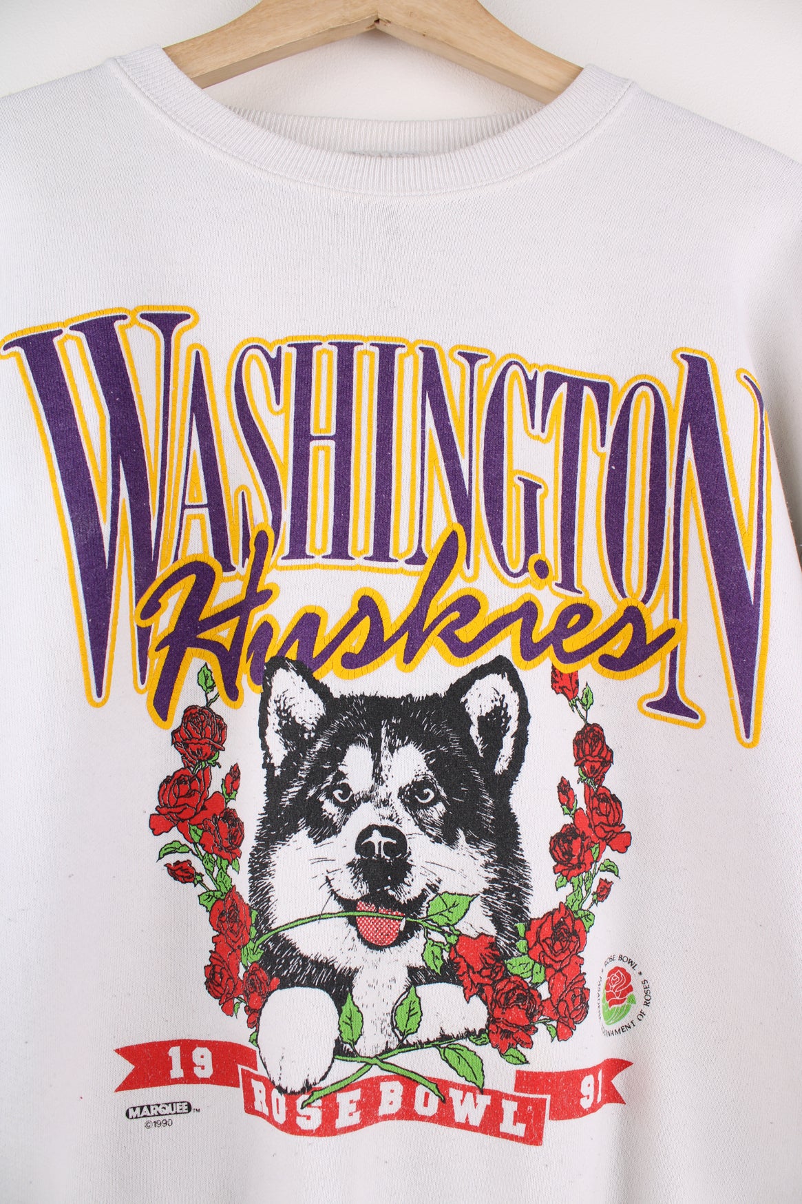 Vintage 1991 Washington Huskies Rose Bowl sweatshirt by Lee, features printed graphic on the front