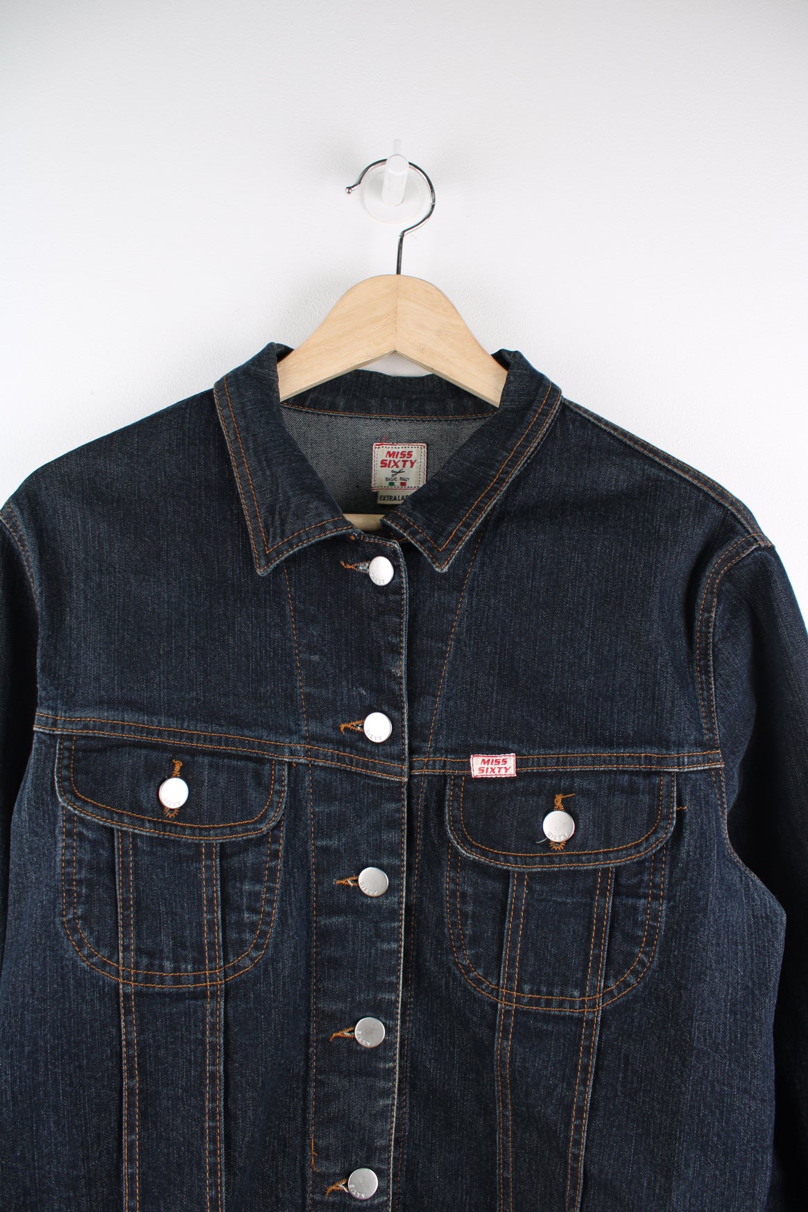 Y2K Miss Sixty button dark wash denim jacket with double pockets and signature branded tab on the pocket 