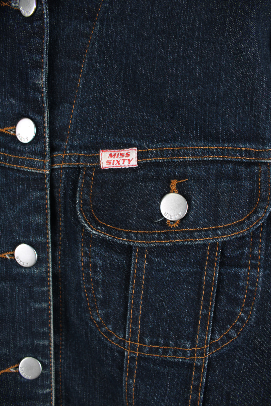 Y2K Miss Sixty button dark wash denim jacket with double pockets and signature branded tab on the pocket 