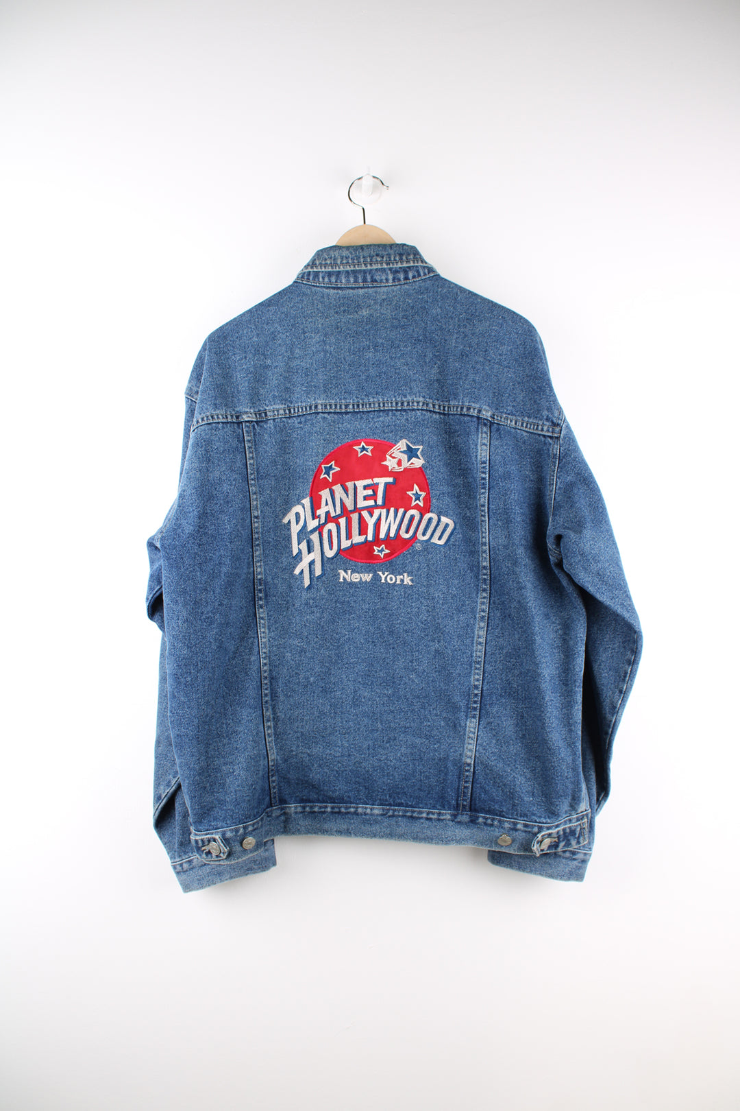 Vintage Planet Hollywood : New York denim jacket with embroidered logo on the chest and  larger embroidered spell-out motif on the back