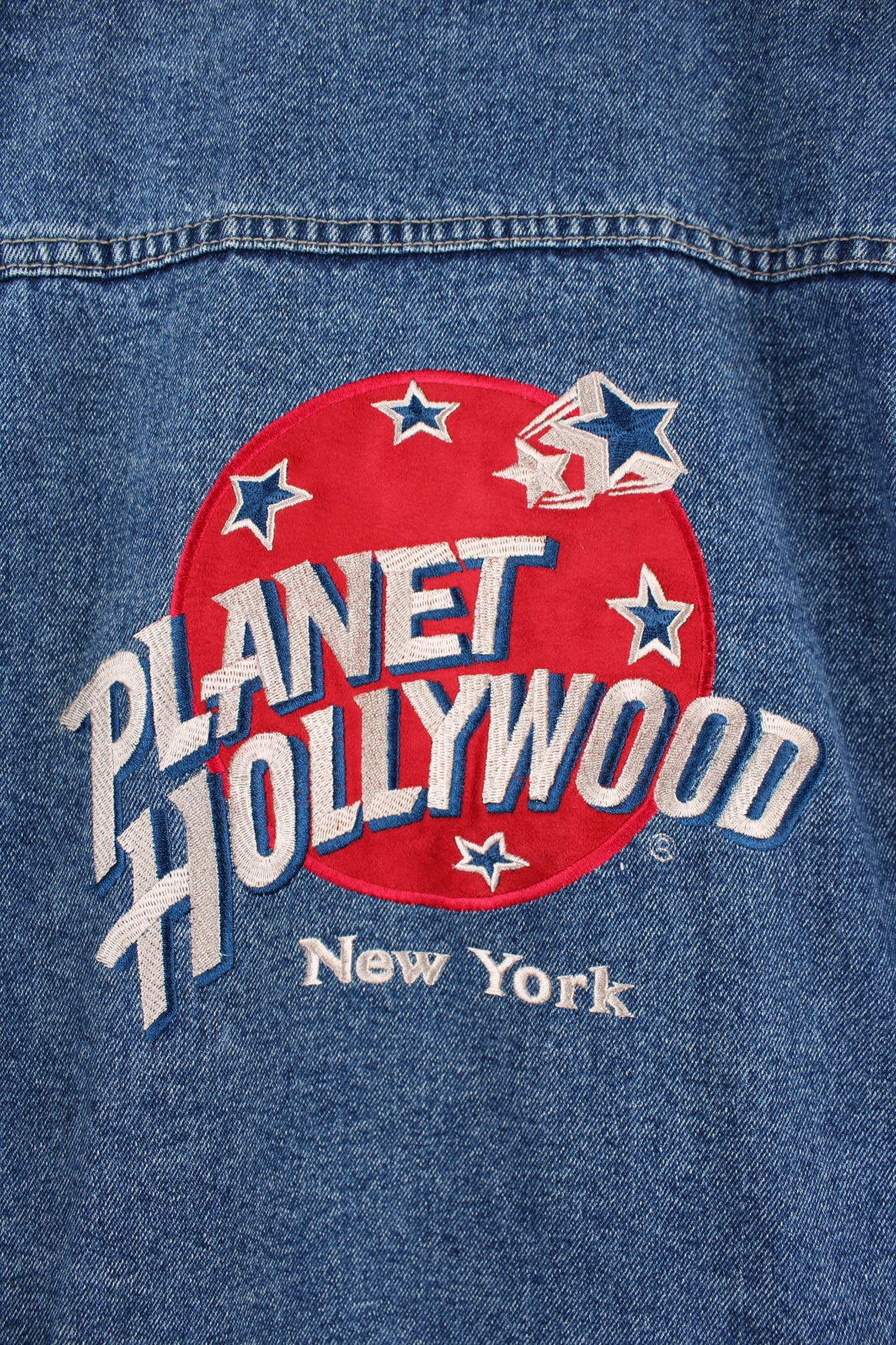 Vintage Planet Hollywood : New York denim jacket with embroidered logo on the chest and  larger embroidered spell-out motif on the back