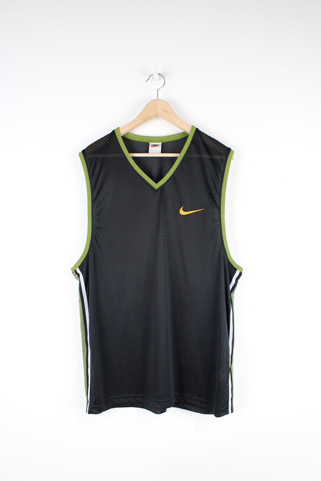 Vintage 90's Nike Mesh Vest Top, black and green colourway with orange embroidered swoosh logo, v neck, and is 100% nylon.