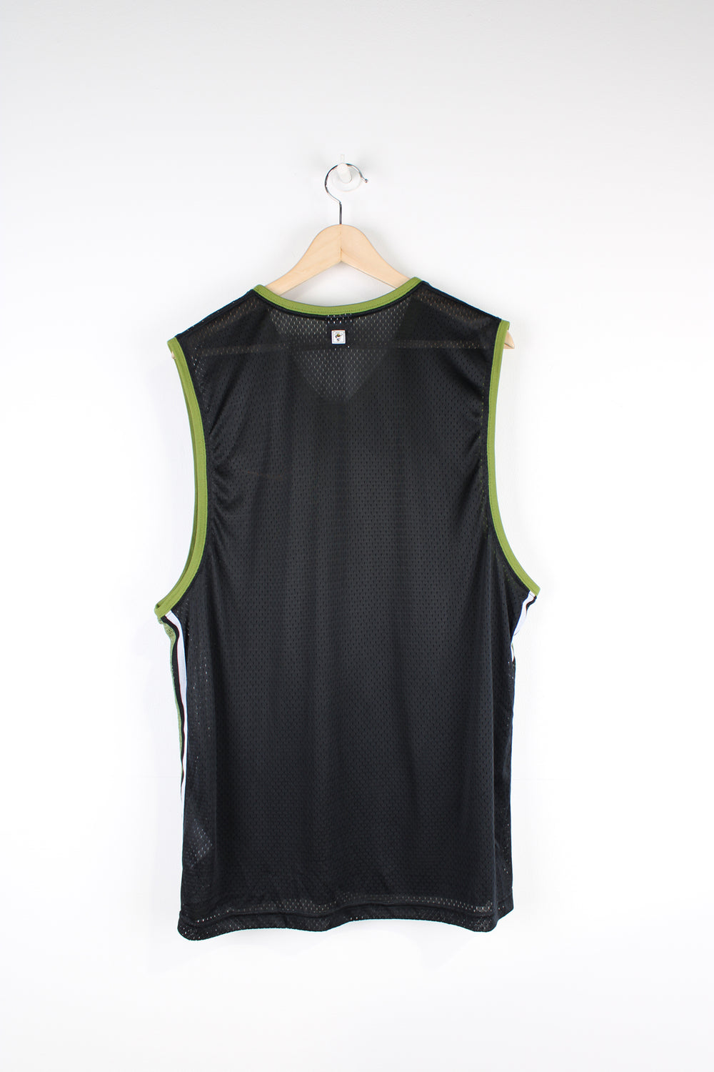 Vintage 90's Nike Mesh Vest Top, black and green colourway with orange embroidered swoosh logo, v neck, and is 100% nylon.