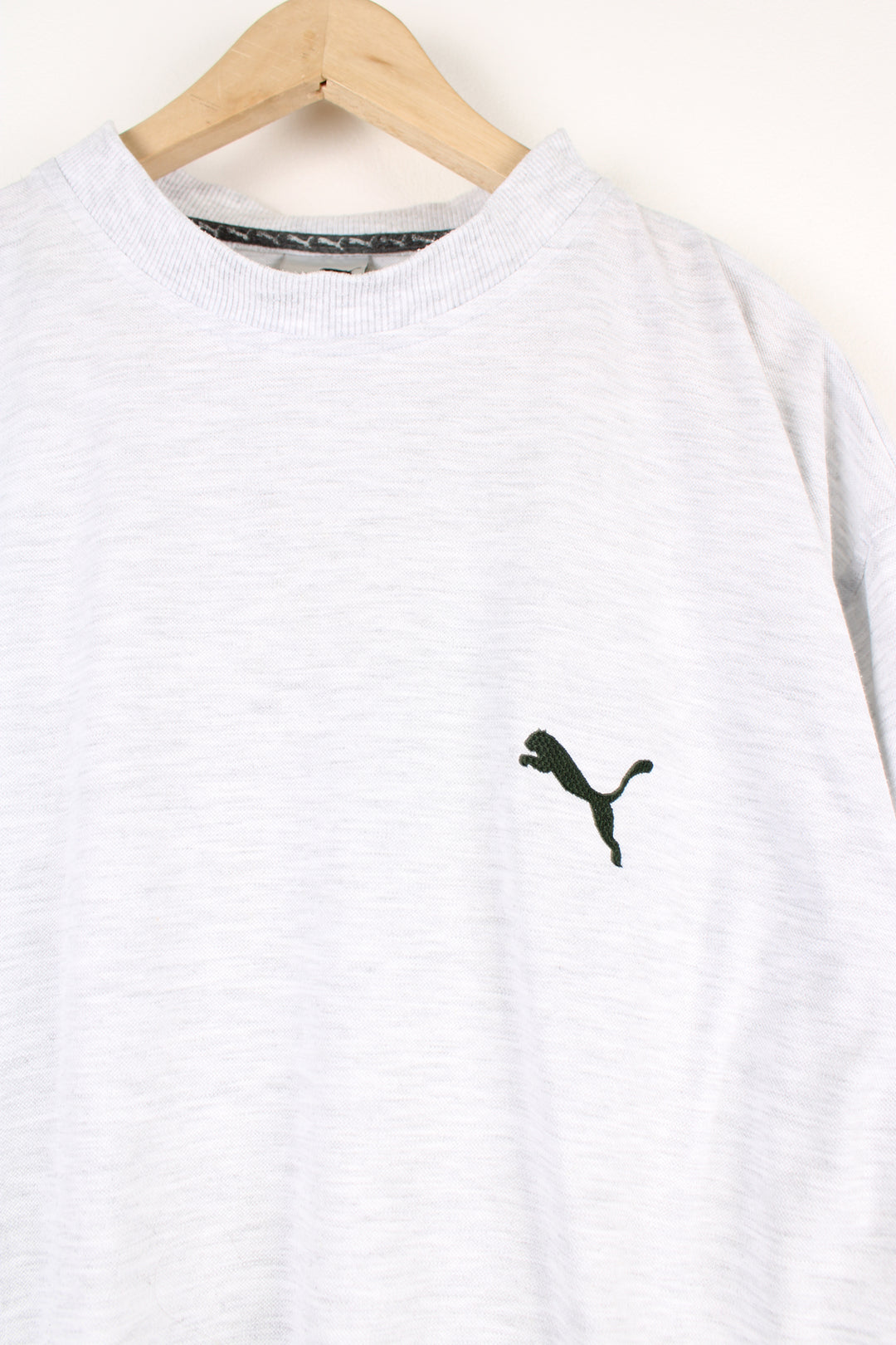 Vintage Puma T-shirt, plain grey colourway with black embroidered logos on the chest and sleeve. 