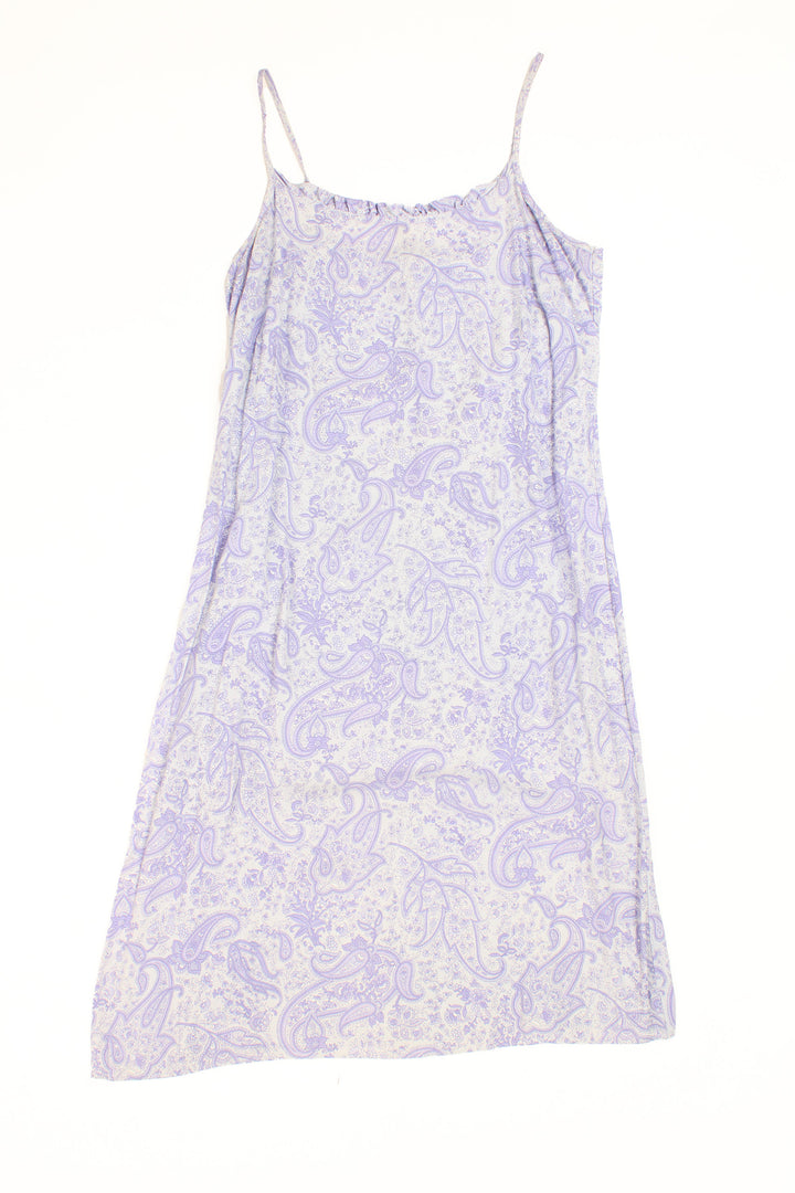 Purple Y2K St. Michael slip dress with paisley print.