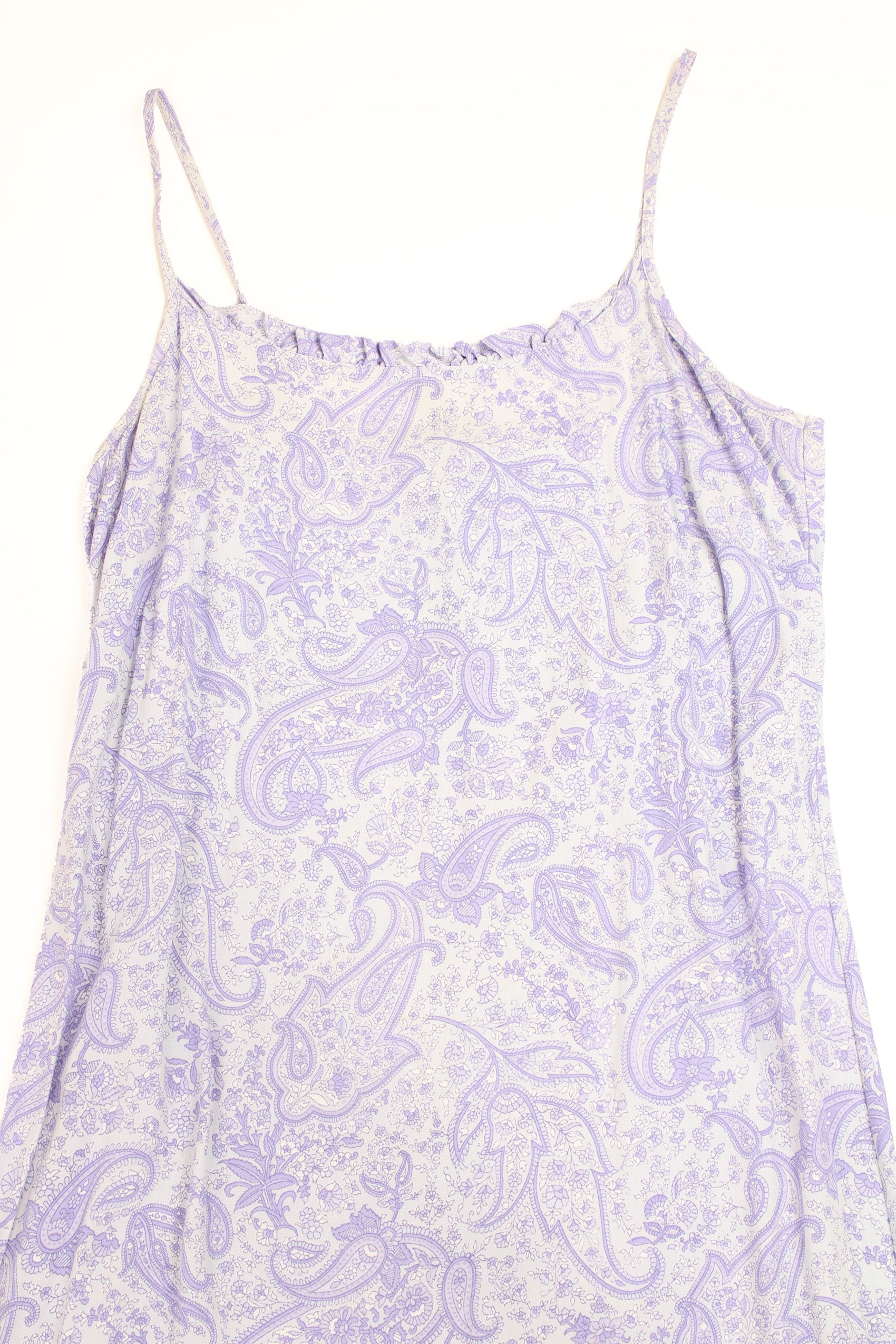 Purple Y2K St. Michael slip dress with paisley print.